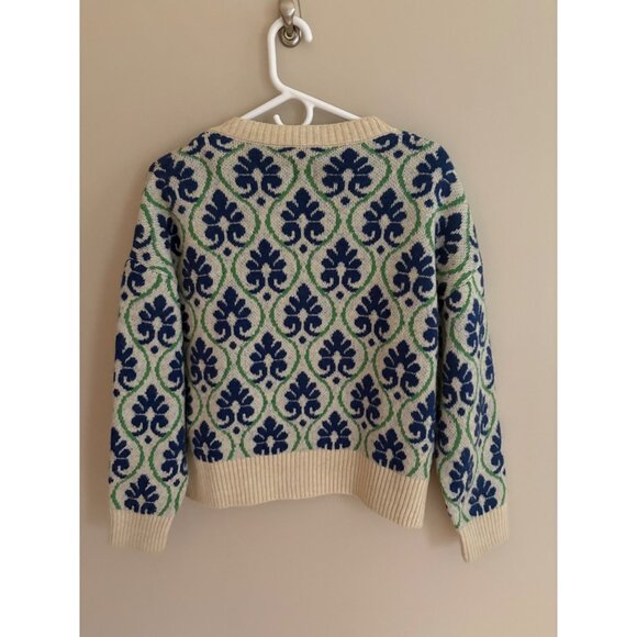 Anthropologie Maeve Small Floral Pop Graphic Intarsia Cardigan Cream/Blue/Green - Picture 9 of 14